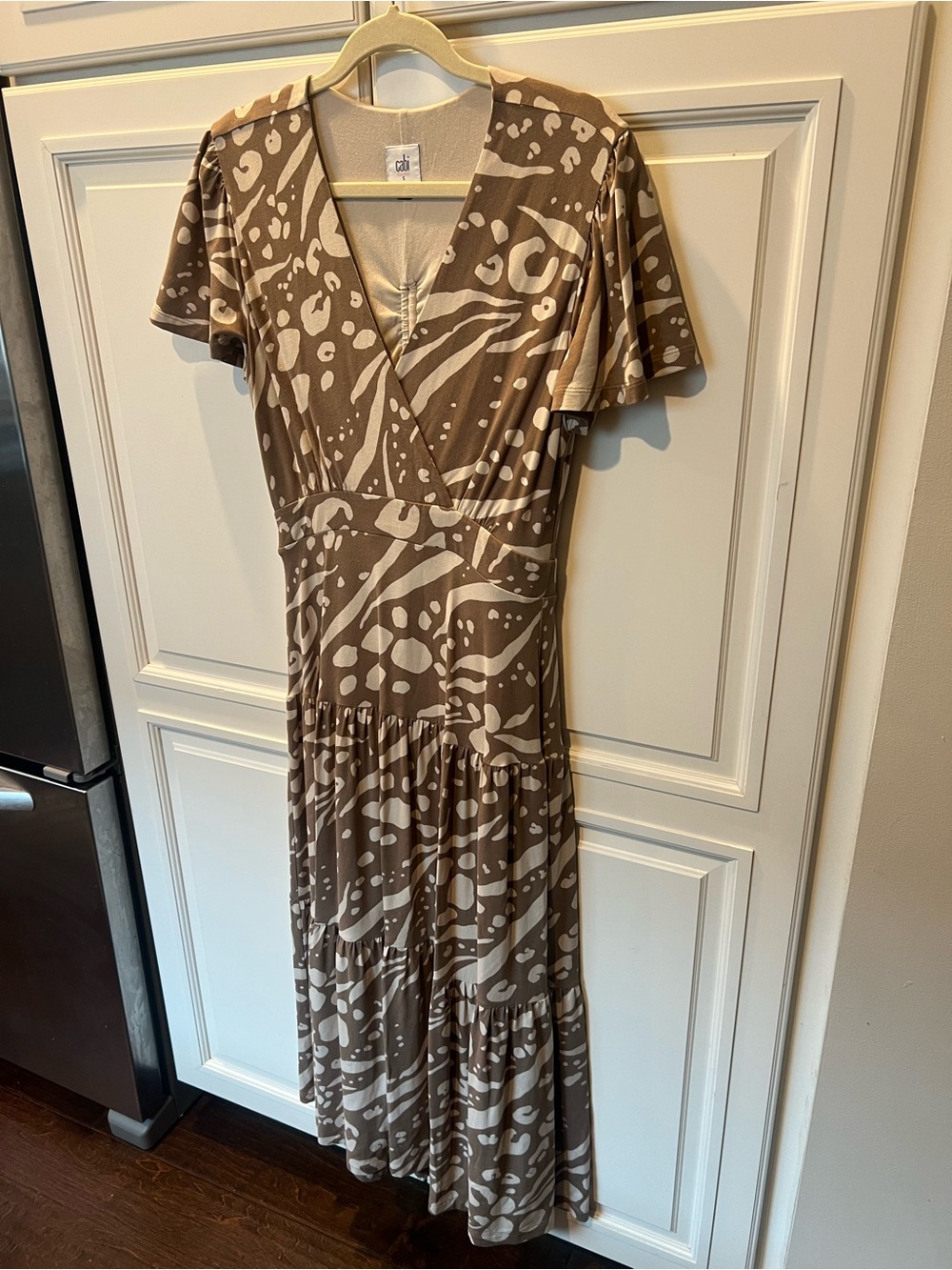 CAbi Brown & Cream Printed V-Neck Maxi Dress